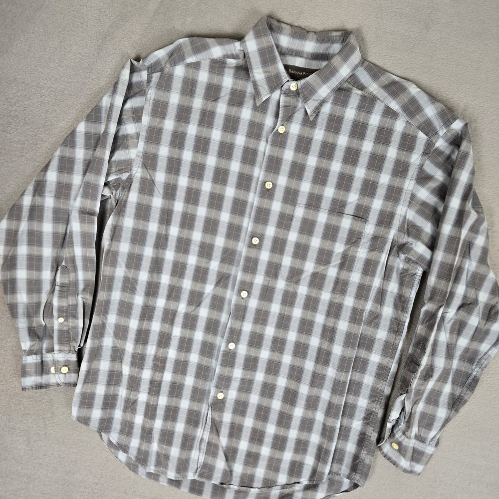 Vintage 90s Banana Republic Shirt Mens Medium Cotton Twill Blue Plaid Button-Up